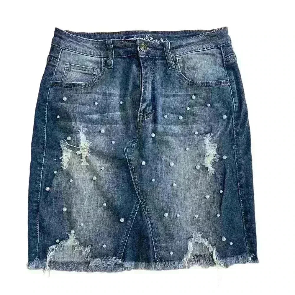 Machine Nouvelle Mode Skirt Womens Large Blue Denim Ripped Size Italy L USA 30